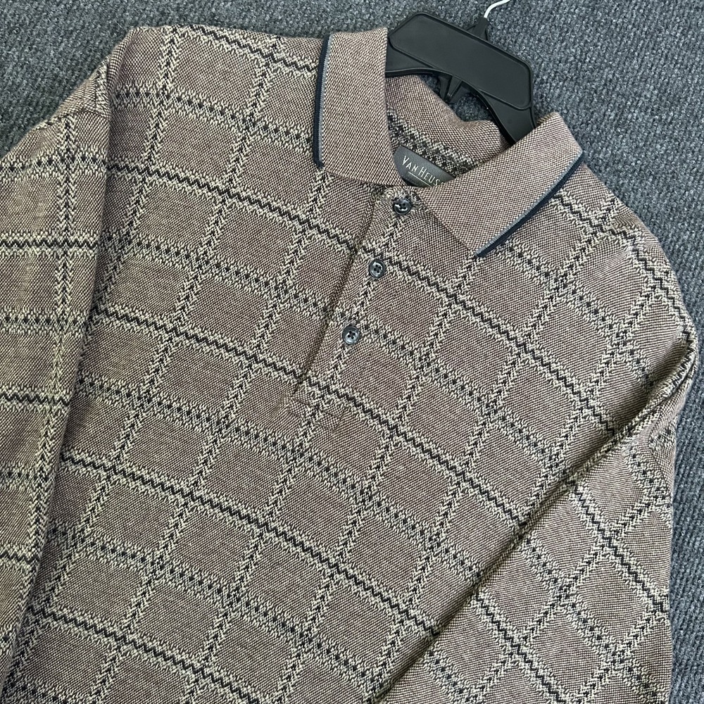 Van Heusen Men's L Sweater Brown Long Sleeve Polo Textured Window Pane Check